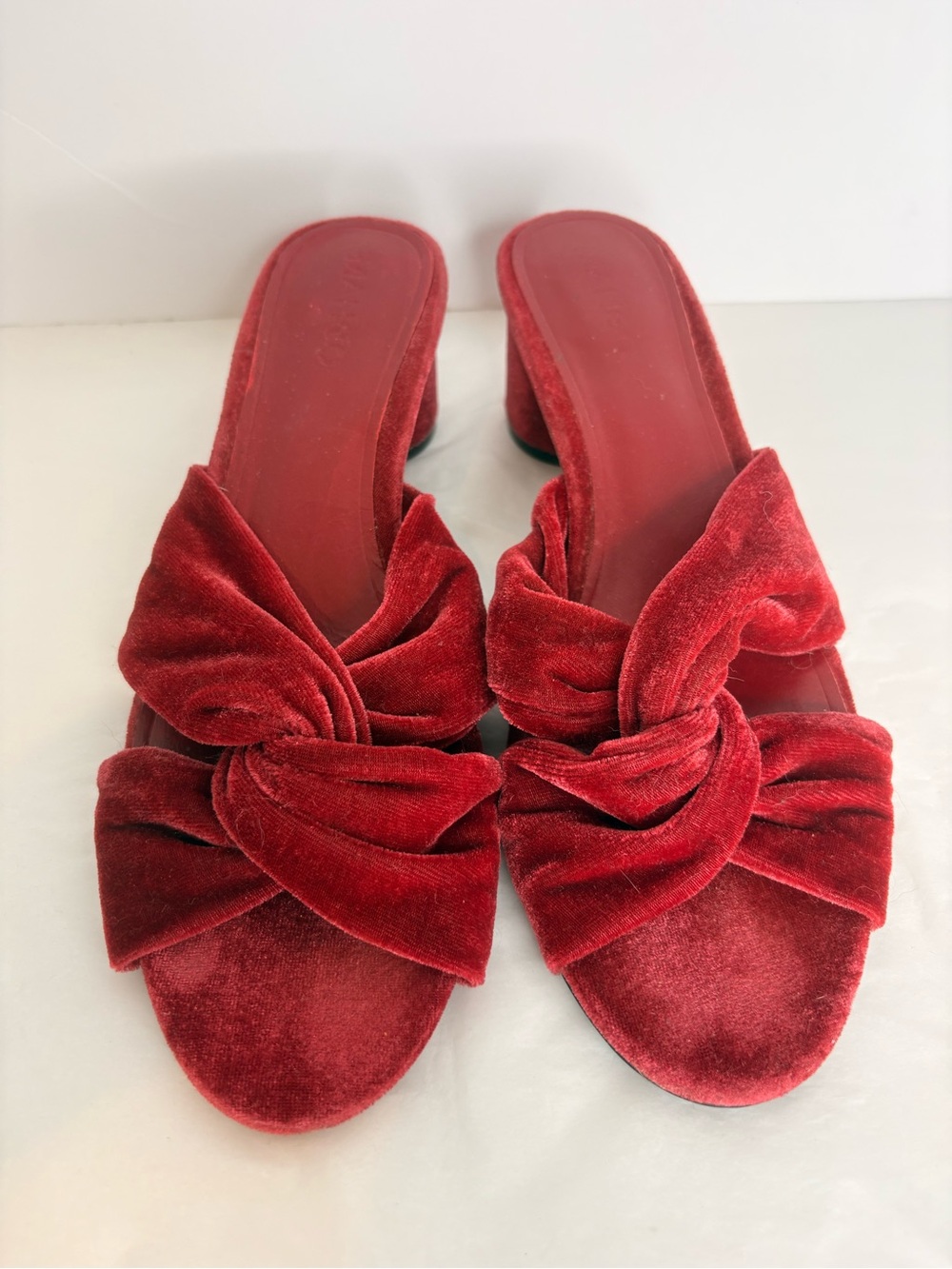 Mango Red Velvet Knot Round heeled slip on sandal.